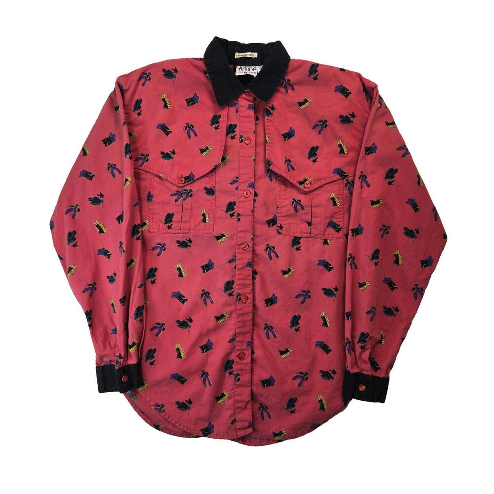 Adobe Rose Vintage Western Cowboys Indian Head Print Red Button Shirt Womens S